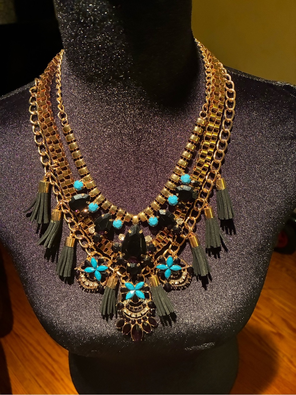 Statement Multi-Layer Gold Necklace with Black and Turquoise Accents